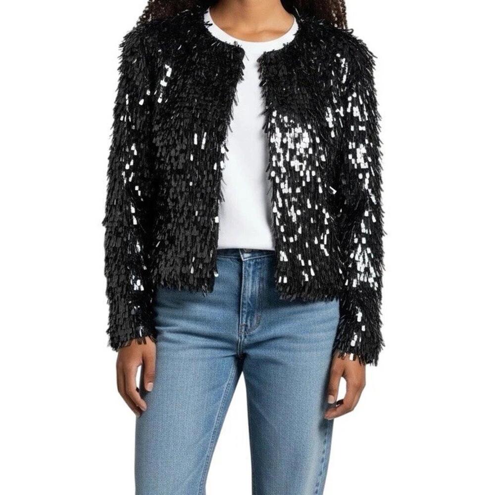 Zara Women’s Black Sequin Jacket Medium Sparkle Evening Blazer Beaded Party Coat